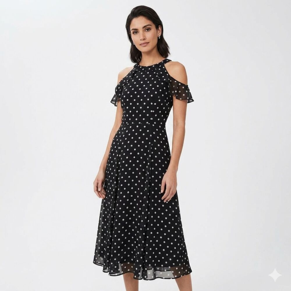 Tommy Hilfiger Polka Dot Midi Dress Women 10 Cold Shoulder Short Sleeve